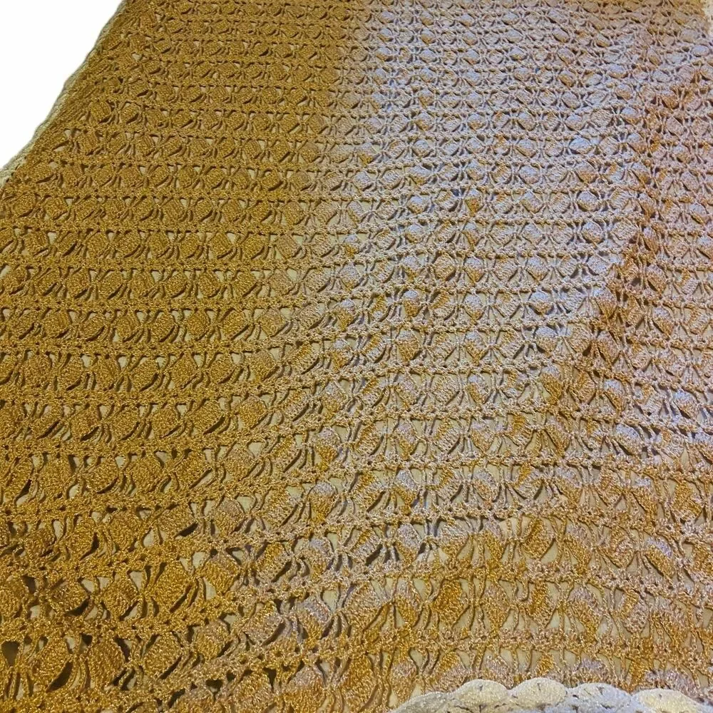 #4353 Crochet Lap or baby blanket tan color with beige trim
